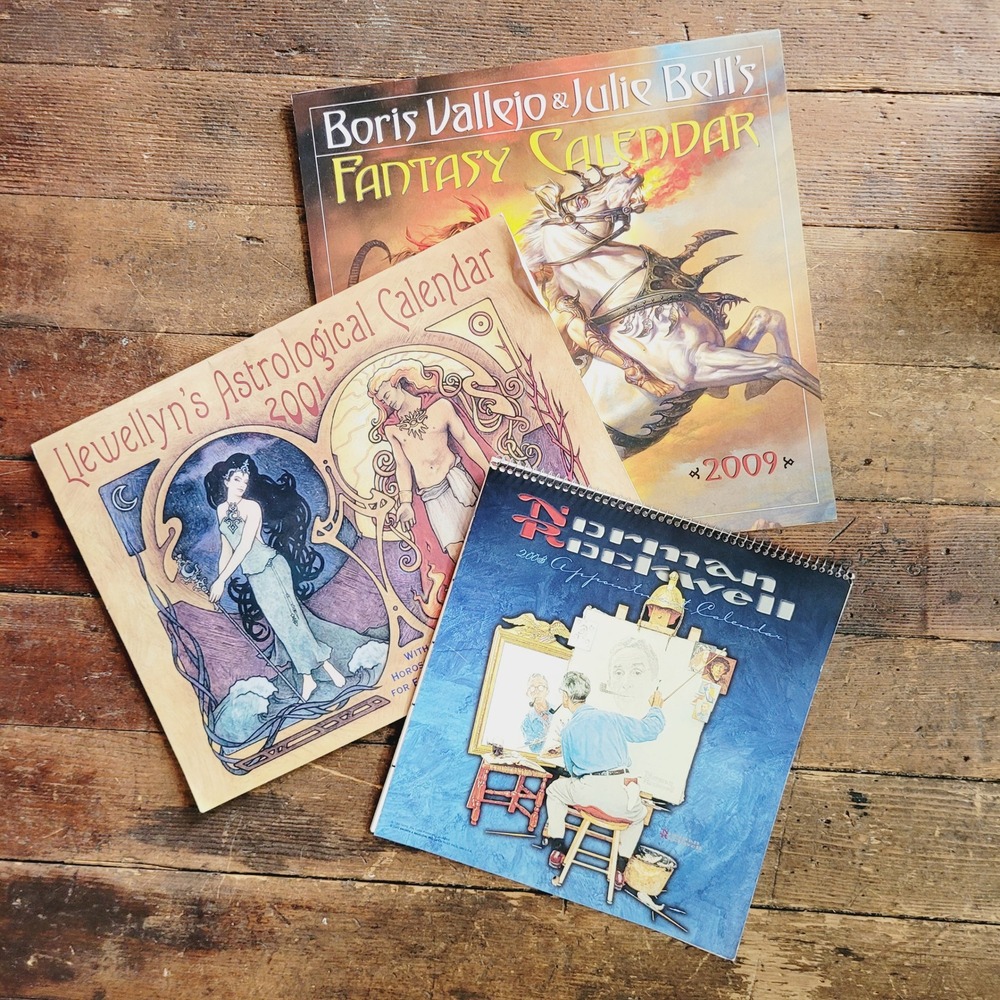 Vintage Art Calendar Lot Boris Vallejo Norman Rockwell Llewellyn Astrology 3pc